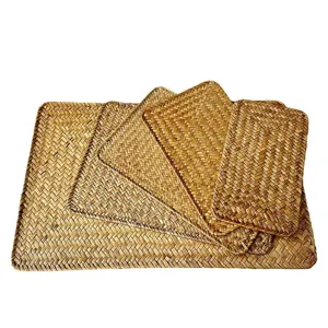 Handmade natural straw woven placemat retro heat insulation pad square table mat for home