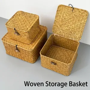 Japanischer Handgeflochtener Seegras Aufbewahrungskorb Mit Deckel Natürlicher Pastoraler Desktop Snacks杂物 Organizer Box Mit Knopfverschluss Heimdekor
