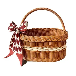 Cesta de almacenamiento de ratán sintético con lazo, cesta de picnic portátil para frutas y regalos.