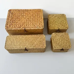 Handgefertigte geflochtene Aufbewahrungsboxen aus Stroh mit Deckel im japanischen Stil