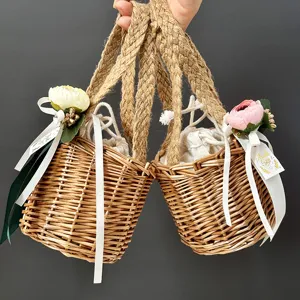 Handcrafted mini straw woven gift basket with jute handle and canvas inner bag for wedding