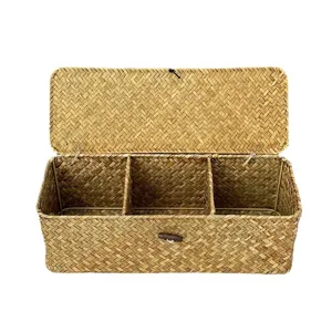 Geflochtene Seegras Aufbewahrungsbox mit Deckel und Fächern Desktop Organizer rechteckig