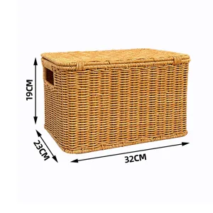 Woven storage basket with lid, wicker style organizer box, home bedroom clothes storage bin.