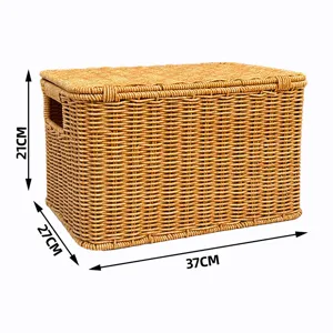 Woven storage basket with lid, plastic rattan design for home bedroom clothes organizer box.