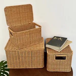 Woven Storage Basket With Lid Plastic Rattan Storage Box Household Bedroom Organizer Large Medium Small Storage Bin