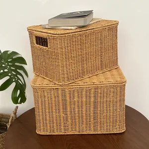 Woven storage basket with lid, rattan effect home organizer box for bedroom and living room.