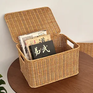 Woven storage basket with lid, imitation rattan design, ideal for home bedroom organization.
