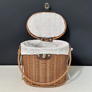 Imitation rattan storage basket with lid, floral lining, portable picnic woven basket.