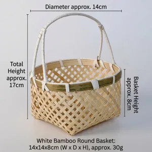 Détail d'un petit panier en bambou tressé à la main avec mesures de dimensions