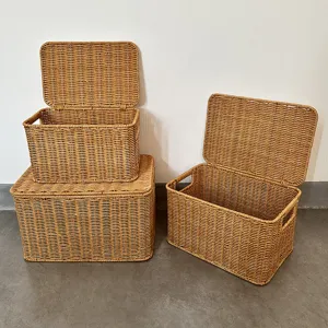 Rattan storage basket with lid, woven organizer box for home bedroom and outdoor use.
