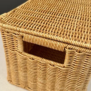 Detailed close-up showing the fine woven texture, lid, and handle of the rattan storage box.