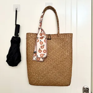 Large straw woven tote bag for women, handmade summer beach shoulder bag with floral scarf.