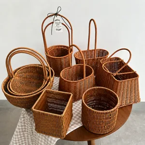 Handmade Plastic Rattan Woven Flower Basket Portable Storage Basket Nordic Style DIY Floral Gift Basket For Home