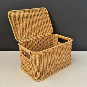 Woven storage basket with lid, practical household organizer for bedroom and outdoor use.