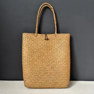 Women Straw Woven Tote Bag Large Capacity Handbag Handmade Seagrass Beach Bag Casual Idyllic Style Summer Vacation