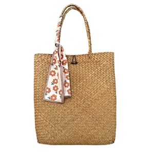 Large straw woven tote bag for women summer beach handbag with floral scarf and wood button.