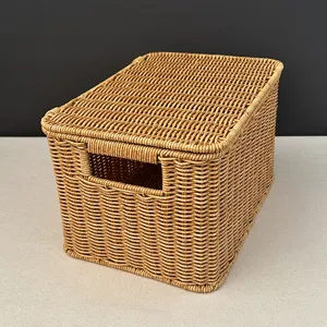 Woven Storage Basket with Lid Imitation Rattan Organizer Box for Home Bedroom Clothes Storage