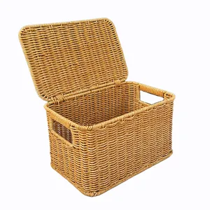 Woven storage basket with lid and handles, rattan style organizer box for home and bedroom.