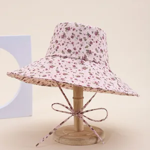Women's Vintage Floral Print Wide Brim Bucket Hat Foldable Beach Sun Protection Hat