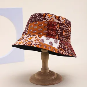 Retro Patchwork Fischerhut Damen doppelseitiger Druck Beckenhut Freizeit Sonnenschutz Kappe.