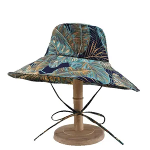 Women wide brim bucket hat tropical leaf print foldable sun protection beach summer hat