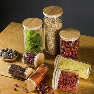 Glas Vorratsdose mit Holzdeckel, transparenter Verschlussbehälter für Küche und Lebensmittel.