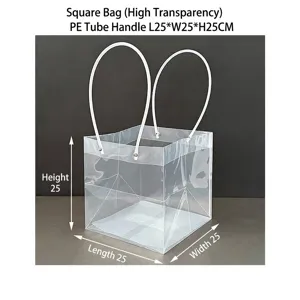 Borsa regalo quadrata trasparente con manici in tubo PE, dimensione 25x25x25cm.