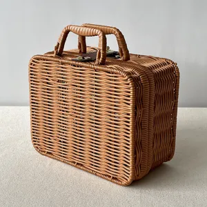 Macro view of a handcrafted woven rattan suitcase-style gift box for tea and gifts