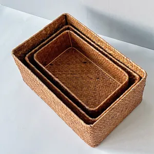 Panier de Rangement en Osier Fait Main Boîte Rectangulaire Tissée Organisateur de Bureau Récipient pour Maison Cuisine Chambre