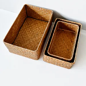 Panier de rangement en jonc de mer tressé organisateur de bureau rectangulaire design