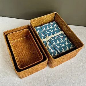 Panier de rangement en rotin rectangulaire fait main organisateur bureau ouvert pratique