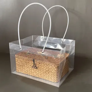 Borsa tote trasparente in PVC con scatola regalo in rafia naturale intrecciata a mano