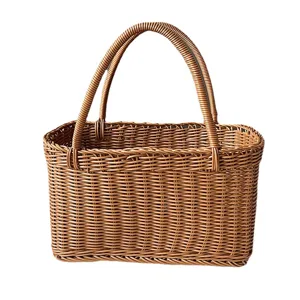 Cesta de almacenamiento tejida marrón ratán bolso de compras organizador práctico fruta picnic