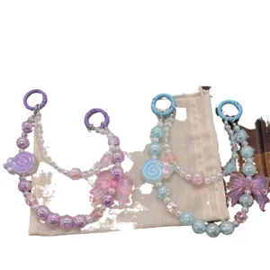 Handmade colorful dopamine style beaded phone charm with butterfly bow and lollipop