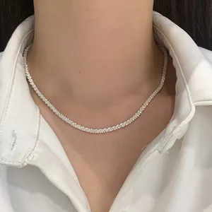 Minimalist Copper Alloy Gypsophila Chain Choker Necklace Silver Tone Shiny Wave Link Necklace for Women Everyday Stacking Layering Jewelry