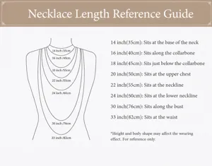 Detailed necklace length guide chart showing sizes from 14 to 33 inches on a silhouette