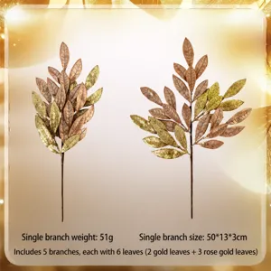 Artificial glitter gold leaf Christmas tree branch decoration detail view with size.