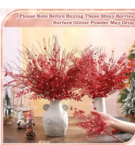 Red glitter Christmas berry stems and leaf picks for festive holiday home decor