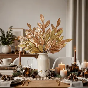 Artificial gold glitter Christmas leaves branch decoration for holiday party tabletop setup