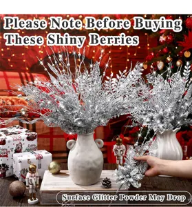 Detailed view of silver glitter Christmas berry stems with glitter drop disclaimer