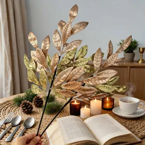 Artificial gold glitter leaves branch 5 prongs for Xmas tree party home decoration