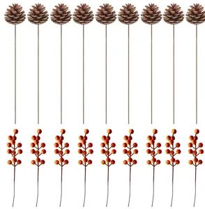 Detailed set of 18 artificial pine cones and orange berry stems for autumn home decor