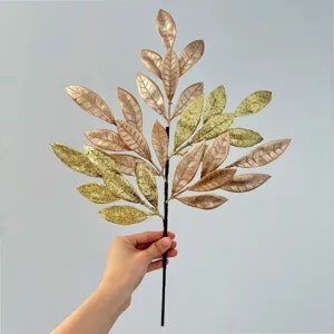 Artificial Christmas glitter gold leaf 5-prong branch for party home decor detail.
