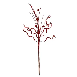 Elegante tallo decorativo navideño de purpurina roja con cintas rizadas y bayas