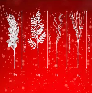 Detailed size and weight guide for four white glitter Christmas decorative sprigs.