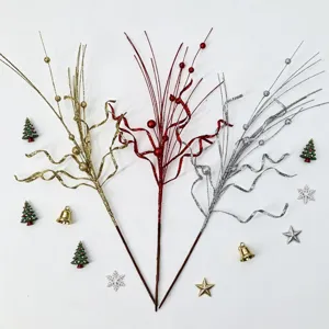 Tallos de Bayas con Purpurina de Navidad Cinta Rizada Selecciones Florales Artificiales Para Decoración de Árbol de Navidad Fiesta