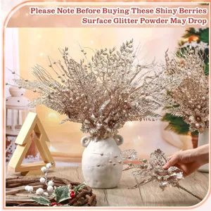 Glitter gold Christmas berry stems and leaf branch decorations set for holiday party