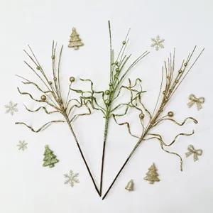 Set decorativo de tres tallos navideños con purpurina, cintas rizadas y bayas doradas