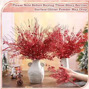 40Pcs red glitter Christmas berry stems with leaves for holiday tree and home decor