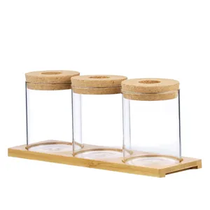 Lot de 3 bocaux en verre transparent avec couvercles en liège et plateau en bambou